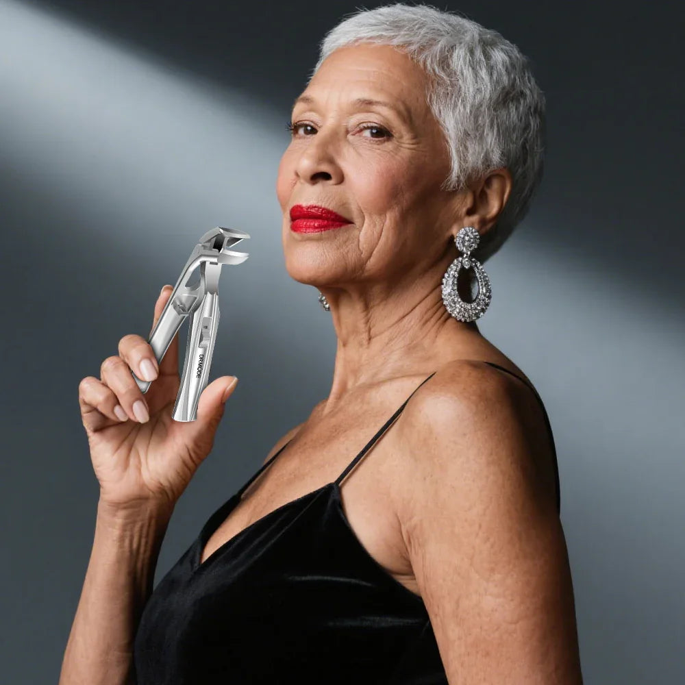 Elegant woman in black dress holding precision stainless steel nail clippers