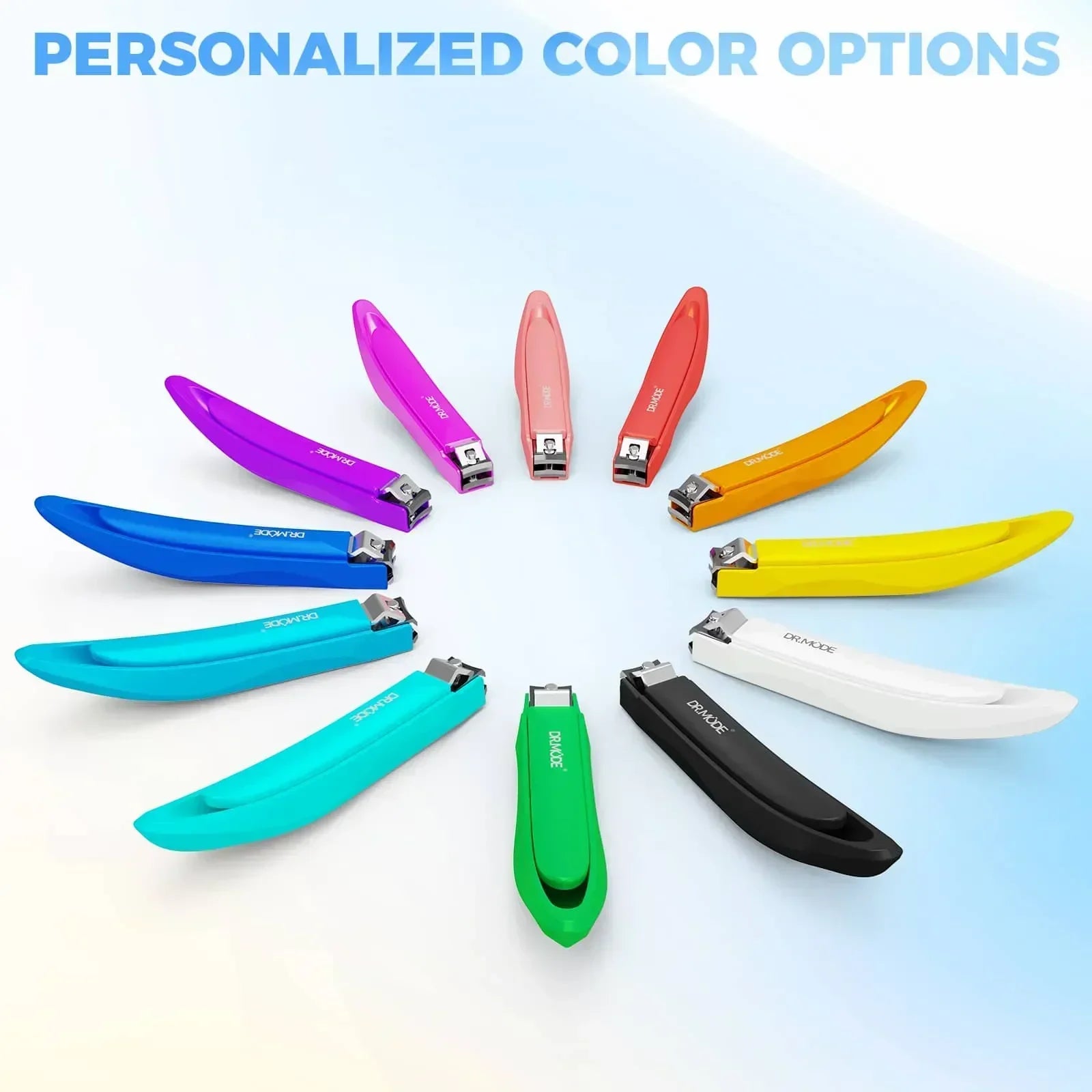 Colorful nail clippers arranged in a circle, showcasing personalized color options.