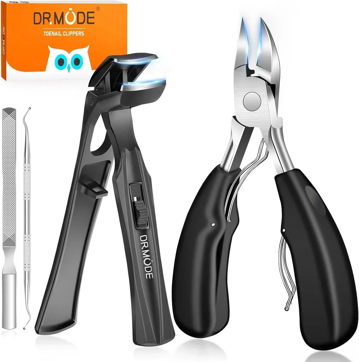 Toenail clipper set with black handles, nail file, lifter, and orange storage box