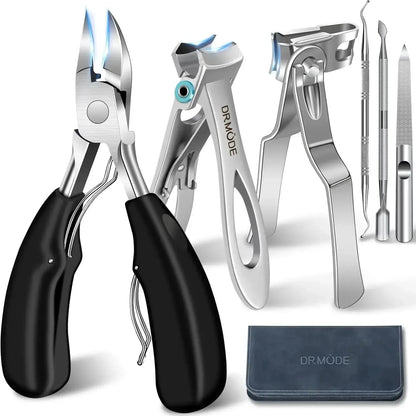 Professional nail clipper set with ergonomic handles, stainless steel tools, and carrying case.